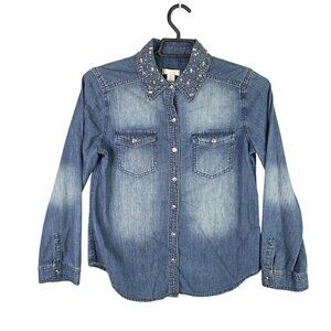 Womens Chicos Rhinestone Embellished Collar Denim Shirt Button Up Cotton Size 0
